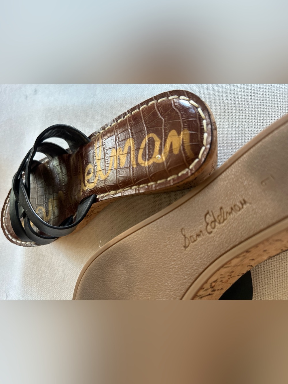 SAM EDELMAN Raynere Black Leather Cork Wedge Platform Sandals Slide | 9 NWOB - Picture 9 of 10